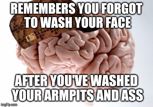 Scumbag Brain Meme | REMEMBERS YOU FORGOT TO WASH YOUR FACE AFTER YOU'VE WASHED YOUR ARMPITS AND ASS | image tagged in memes,scumbag brain | made w/ Imgflip meme maker