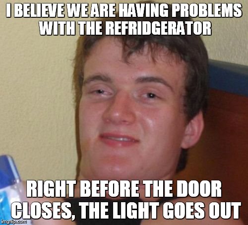 10 Guy | I BELIEVE WE ARE HAVING PROBLEMS WITH THE REFRIDGERATOR RIGHT BEFORE THE DOOR CLOSES, THE LIGHT GOES OUT | image tagged in memes,10 guy | made w/ Imgflip meme maker