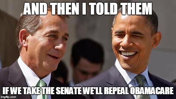 Liars | AND THEN I TOLD THEM IF WE TAKE THE SENATE WE'LL REPEAL OBAMACARE | image tagged in politics,congress | made w/ Imgflip meme maker