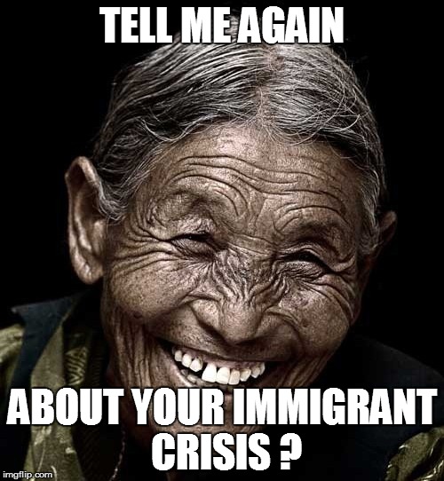 amused indian | TELL ME AGAIN ABOUT YOUR IMMIGRANT CRISIS ? | image tagged in native american,laughing | made w/ Imgflip meme maker