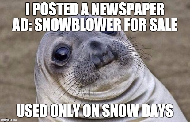 Awkward Moment Sealion Meme | I POSTED A NEWSPAPER AD: SNOWBLOWER FOR SALE USED ONLY ON SNOW DAYS | image tagged in memes,awkward moment sealion | made w/ Imgflip meme maker