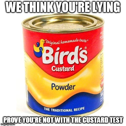 WE THINK YOU'RE LYING PROVE YOU'RE NOT WITH THE CUSTARD TEST | image tagged in boison custard | made w/ Imgflip meme maker