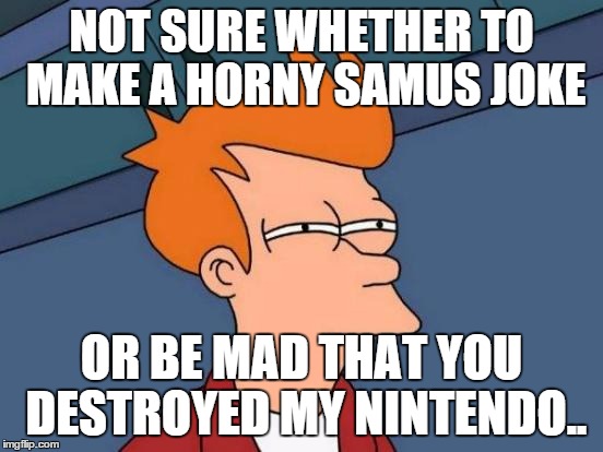 NOT SURE WHETHER TO MAKE A HORNY SAMUS JOKE OR BE MAD THAT YOU DESTROYED MY NINTENDO.. | image tagged in memes,futurama fry | made w/ Imgflip meme maker