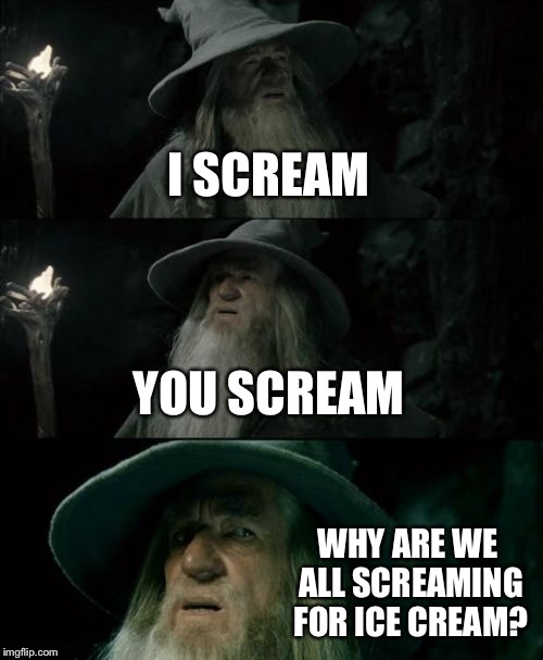 Soft served? Or HARD? | I SCREAM YOU SCREAM WHY ARE WE ALL SCREAMING FOR ICE CREAM? | image tagged in memes,confused gandalf | made w/ Imgflip meme maker