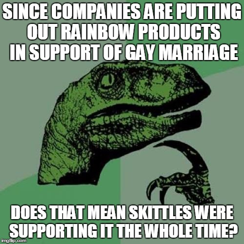 Philosoraptor | SINCE COMPANIES ARE PUTTING OUT RAINBOW PRODUCTS IN SUPPORT OF GAY MARRIAGE DOES THAT MEAN SKITTLES WERE SUPPORTING IT THE WHOLE TIME? | image tagged in memes,philosoraptor | made w/ Imgflip meme maker