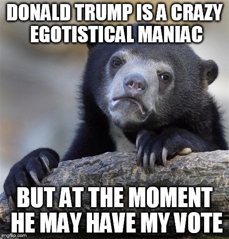 Confession Bear Meme | DONALD TRUMP IS A CRAZY EGOTISTICAL MANIAC BUT AT THE MOMENT HE MAY HAVE MY VOTE | image tagged in memes,confession bear | made w/ Imgflip meme maker