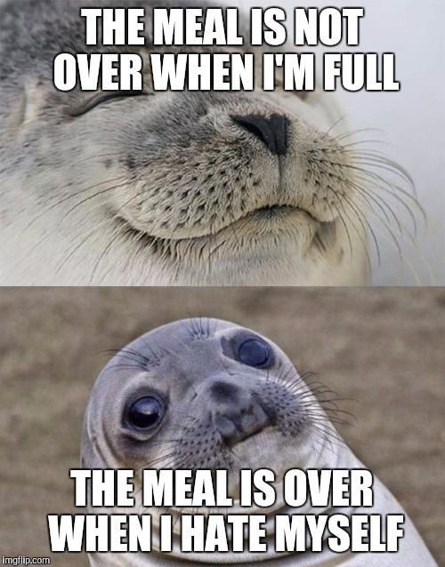 Short Satisfaction VS Truth | THE MEAL IS NOT OVER WHEN I'M FULL THE MEAL IS OVER WHEN I HATE MYSELF | image tagged in memes,short satisfaction vs truth | made w/ Imgflip meme maker