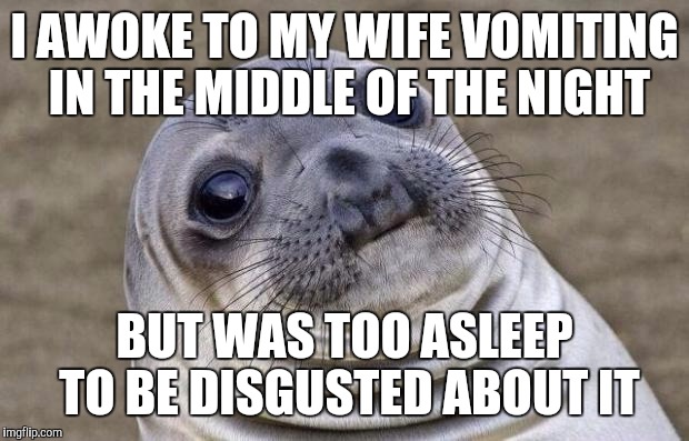 Awkward Moment Sealion | I AWOKE TO MY WIFE VOMITING IN THE MIDDLE OF THE NIGHT BUT WAS TOO ASLEEP TO BE DISGUSTED ABOUT IT | image tagged in memes,awkward moment sealion | made w/ Imgflip meme maker