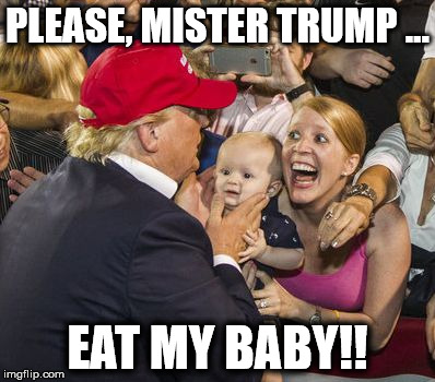 PLEASE, MISTER TRUMP ... EAT MY BABY!! | image tagged in trumpeatbaby | made w/ Imgflip meme maker