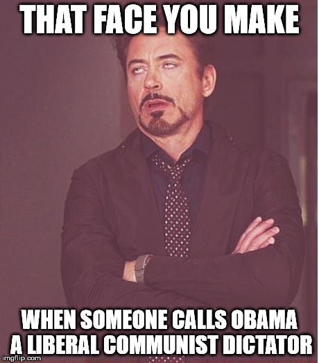 Face You Make Robert Downey Jr Meme | THAT FACE YOU MAKE WHEN SOMEONE CALLS OBAMA A LIBERAL COMMUNIST DICTATOR | image tagged in memes,face you make robert downey jr | made w/ Imgflip meme maker