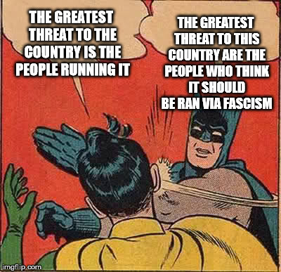 Batman Slapping Robin Meme | THE GREATEST THREAT TO THE COUNTRY IS THE PEOPLE RUNNING IT THE GREATEST THREAT TO THIS COUNTRY ARE THE PEOPLE WHO THINK IT SHOULD BE RAN VI | image tagged in memes,batman slapping robin | made w/ Imgflip meme maker