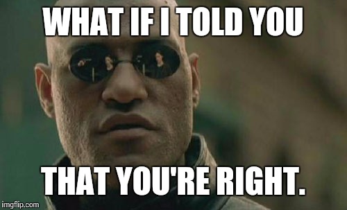 Matrix Morpheus Meme | WHAT IF I TOLD YOU THAT YOU'RE RIGHT. | image tagged in memes,matrix morpheus | made w/ Imgflip meme maker