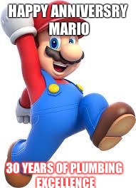 mario | HAPPY ANNIVERSRY MARIO 30 YEARS OF PLUMBING EXCELLENCE | image tagged in mario | made w/ Imgflip meme maker