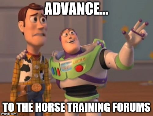 Damn clicky horse forums | ADVANCE... TO THE HORSE TRAINING FORUMS | image tagged in memes,x x everywhere,horses,horse forums | made w/ Imgflip meme maker