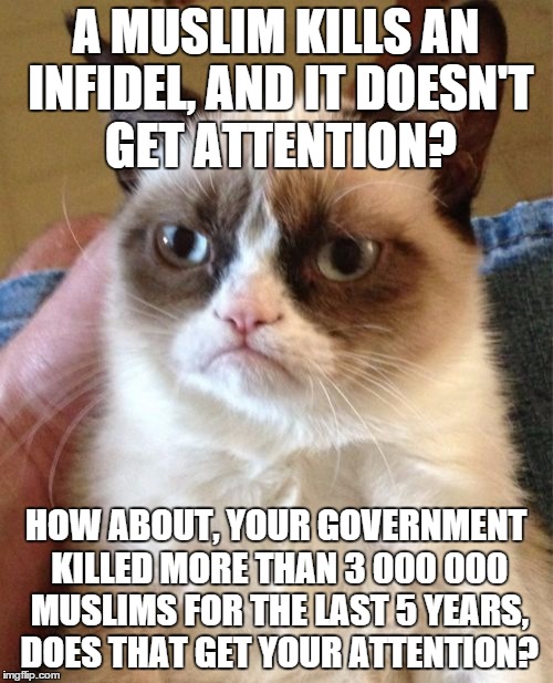 Grumpy Cat Meme | A MUSLIM KILLS AN INFIDEL, AND IT DOESN'T GET ATTENTION? HOW ABOUT, YOUR GOVERNMENT KILLED MORE THAN 3 000 000 MUSLIMS FOR THE LAST 5 YEARS, | image tagged in memes,grumpy cat | made w/ Imgflip meme maker