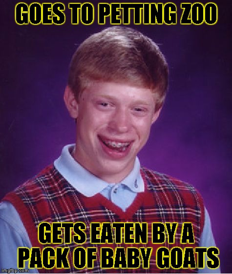 Bad Luck Brian Meme | GOES TO PETTING ZOO GETS EATEN BY A PACK OF BABY GOATS | image tagged in memes,bad luck brian | made w/ Imgflip meme maker