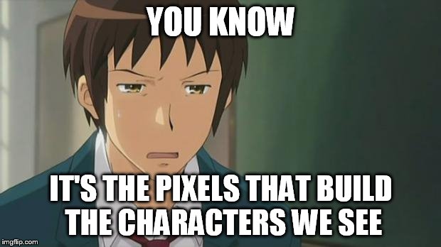 Kyon WTF | YOU KNOW IT'S THE PIXELS THAT BUILD THE CHARACTERS WE SEE | image tagged in kyon wtf | made w/ Imgflip meme maker