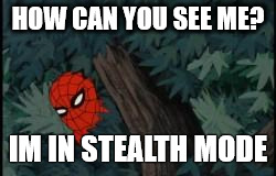 spiderman in bushes | HOW CAN YOU SEE ME? IM IN STEALTH MODE | image tagged in spiderman in bushes | made w/ Imgflip meme maker