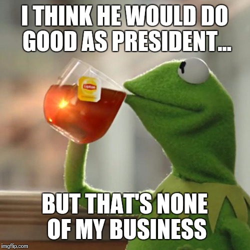 But That's None Of My Business Meme | I THINK HE WOULD DO GOOD AS PRESIDENT... BUT THAT'S NONE OF MY BUSINESS | image tagged in memes,but thats none of my business,kermit the frog | made w/ Imgflip meme maker