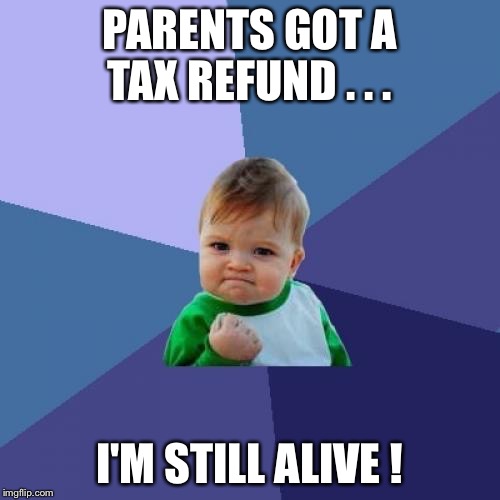 Success Kid Meme | PARENTS GOT A TAX REFUND . . . I'M STILL ALIVE ! | image tagged in memes,success kid | made w/ Imgflip meme maker