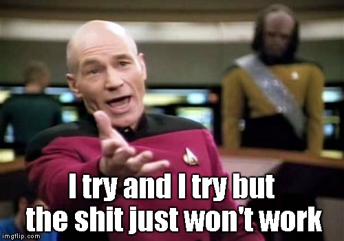 Picard Wtf Meme | I try and I try but the shit just won't work | image tagged in memes,picard wtf | made w/ Imgflip meme maker