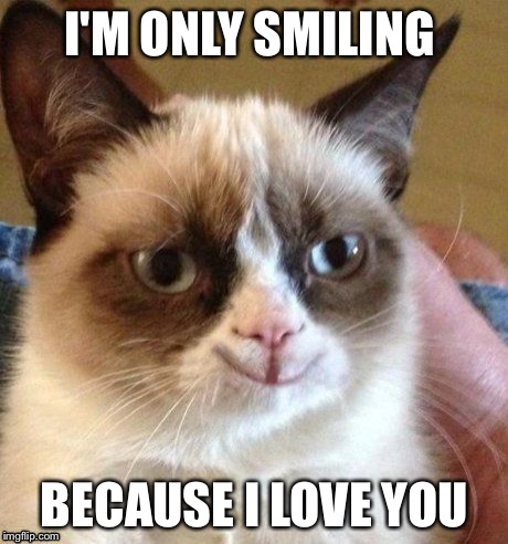 grumpy smile | I'M ONLY SMILING BECAUSE I LOVE YOU | image tagged in grumpy smile | made w/ Imgflip meme maker