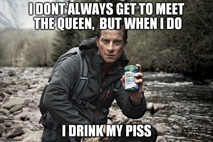 Bear Grylls | I DONT ALWAYS GET TO MEET THE QUEEN,  BUT WHEN I DO I DRINK MY PISS | image tagged in memes | made w/ Imgflip meme maker