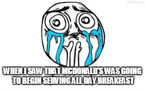 So......beautiful. | WHEN I SAW THAT MCDONALD'S WAS GOING TO BEGIN SERVING ALL DAY BREAKFAST | image tagged in memes,crying because of cute | made w/ Imgflip meme maker