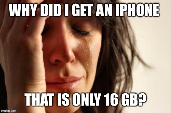 Seriously, a dumb waste of money. Why didn't I splurge and pay just a little extra for more storage? | WHY DID I GET AN IPHONE THAT IS ONLY 16 GB? | image tagged in memes,first world problems,apple,iphone | made w/ Imgflip meme maker