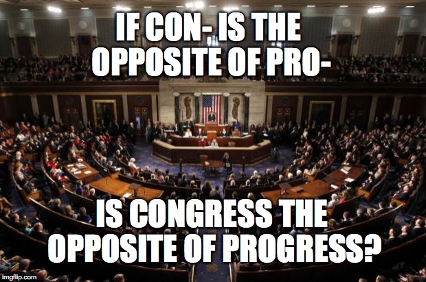 prefixes don't lie | IF CON- IS THE OPPOSITE OF PRO- IS CONGRESS THE OPPOSITE OF PROGRESS? | image tagged in congress | made w/ Imgflip meme maker
