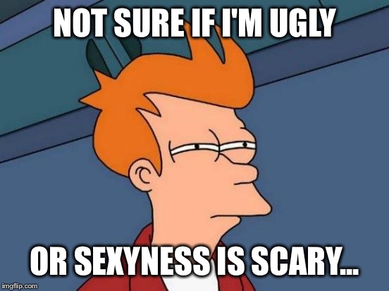 Futurama Fry Meme | NOT SURE IF I'M UGLY OR SEXYNESS IS SCARY... | image tagged in memes,futurama fry | made w/ Imgflip meme maker