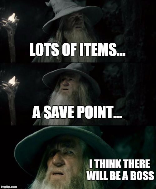 Confused Gandalf Meme | LOTS OF ITEMS... A SAVE POINT... I THINK THERE WILL BE A BOSS | image tagged in memes,confused gandalf | made w/ Imgflip meme maker