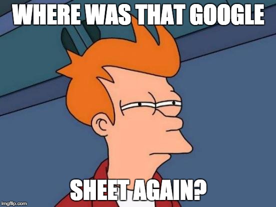 Futurama Fry Meme | WHERE WAS THAT GOOGLE SHEET AGAIN? | image tagged in memes,futurama fry | made w/ Imgflip meme maker