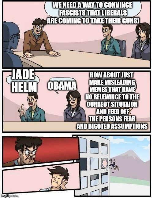 Boardroom Meeting Suggestion Meme | WE NEED A WAY TO CONVINCE FASCISTS THAT LIBERALS ARE COMING TO TAKE THEIR GUNS! JADE HELM OBAMA HOW ABOUT JUST MAKE MISLEADING MEMES THAT HA | image tagged in memes,boardroom meeting suggestion | made w/ Imgflip meme maker