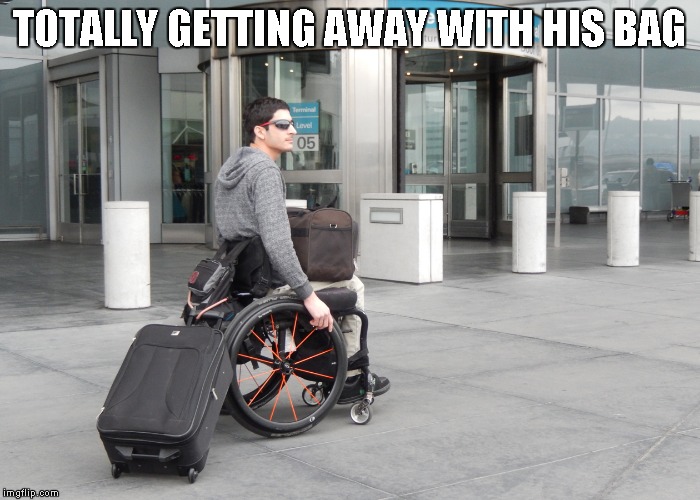 TOTALLY GETTING AWAY WITH HIS BAG | image tagged in wheelchair thief | made w/ Imgflip meme maker