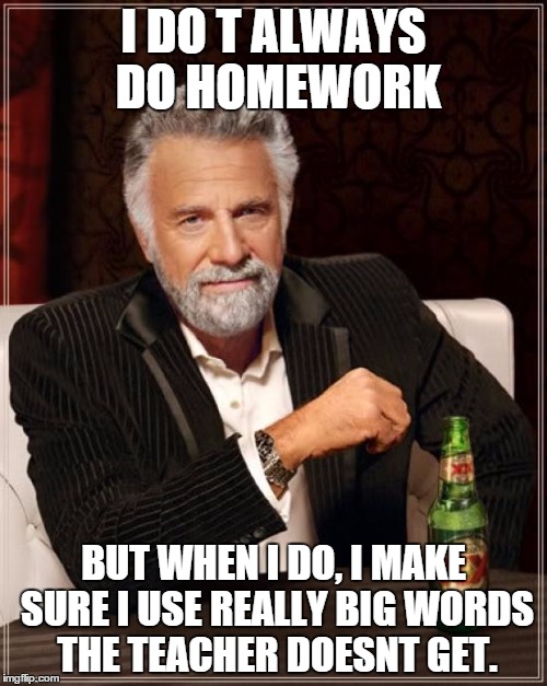 The Most Interesting Man In The World | I DO T ALWAYS DO HOMEWORK BUT WHEN I DO, I MAKE SURE I USE REALLY BIG WORDS THE TEACHER DOESNT GET. | image tagged in memes,the most interesting man in the world | made w/ Imgflip meme maker