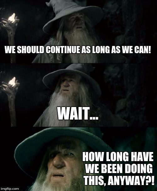 Confused Gandalf Meme | WE SHOULD CONTINUE AS LONG AS WE CAN! WAIT... HOW LONG HAVE WE BEEN DOING THIS, ANYWAY?! | image tagged in memes,confused gandalf | made w/ Imgflip meme maker