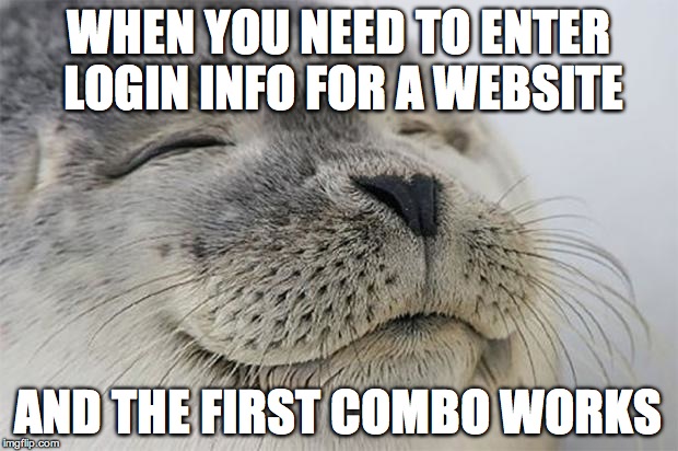Satisfied Seal Meme | WHEN YOU NEED TO ENTER LOGIN INFO FOR A WEBSITE AND THE FIRST COMBO WORKS | image tagged in memes,satisfied seal,AdviceAnimals | made w/ Imgflip meme maker