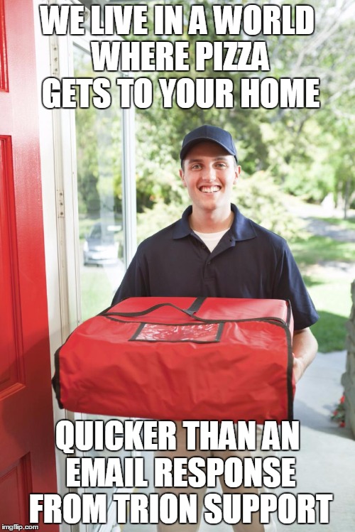 pizza delivery man | WE LIVE IN A WORLD WHERE PIZZA GETS TO YOUR HOME QUICKER THAN AN EMAIL RESPONSE FROM TRION SUPPORT | image tagged in pizza delivery man | made w/ Imgflip meme maker