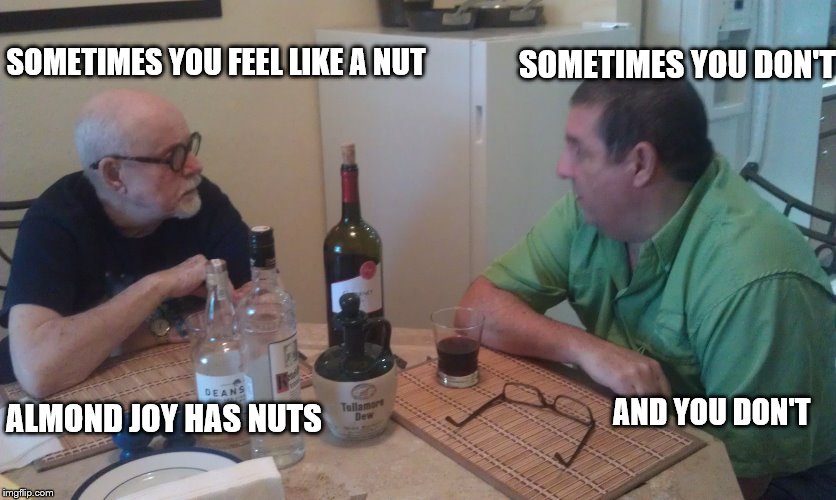 Argument | SOMETIMES YOU FEEL LIKE A NUT SOMETIMES YOU DON'T ALMOND JOY HAS NUTS AND YOU DON'T | image tagged in argue,argument | made w/ Imgflip meme maker