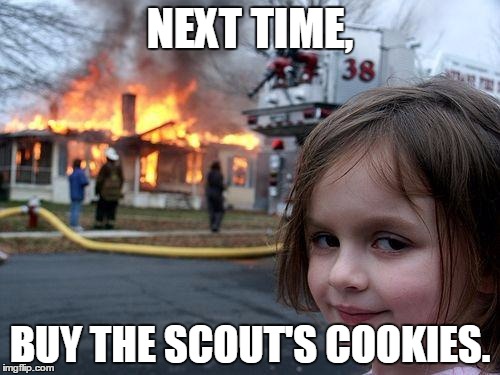 Disaster Girl Meme | NEXT TIME, BUY THE SCOUT'S COOKIES. | image tagged in memes,disaster girl | made w/ Imgflip meme maker