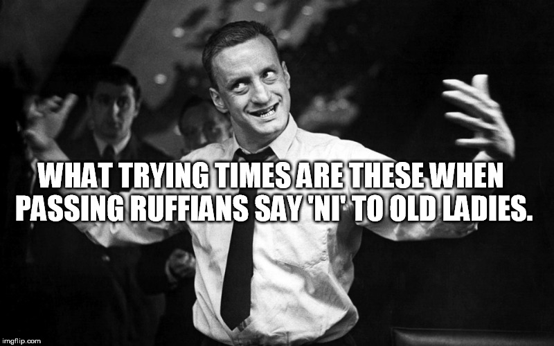 George C Scott | WHAT TRYING TIMES ARE THESE WHEN PASSING RUFFIANS SAY 'NI' TO OLD LADIES. | image tagged in george c scott | made w/ Imgflip meme maker