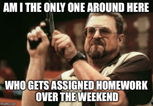 Am I The Only One Around Here Meme | AM I THE ONLY ONE AROUND HERE WHO GETS ASSIGNED HOMEWORK OVER THE WEEKEND | image tagged in memes,am i the only one around here | made w/ Imgflip meme maker
