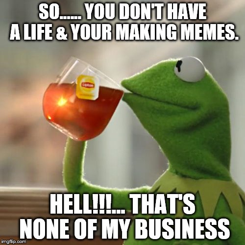 But That's None Of My Business | SO...... YOU DON'T HAVE A LIFE & YOUR MAKING MEMES. HELL!!!... THAT'S NONE OF MY BUSINESS | image tagged in memes,but thats none of my business,kermit the frog | made w/ Imgflip meme maker