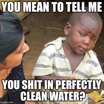 Don't Drink the Water | YOU MEAN TO TELL ME YOU SHIT IN PERFECTLY CLEAN WATER? | image tagged in memes,third world skeptical kid,funny | made w/ Imgflip meme maker