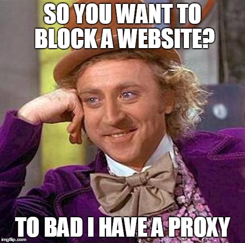 Creepy Condescending Wonka Meme | SO YOU WANT TO BLOCK A WEBSITE? TO BAD I HAVE A PROXY | image tagged in memes,creepy condescending wonka | made w/ Imgflip meme maker