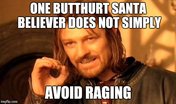 One Does Not Simply Meme | ONE BUTTHURT SANTA BELIEVER DOES NOT SIMPLY AVOID RAGING | image tagged in memes,one does not simply | made w/ Imgflip meme maker