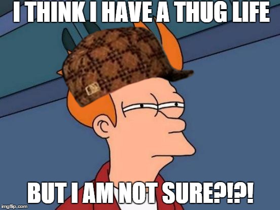 Futurama Fry Meme | I THINK I HAVE A THUG LIFE BUT I AM NOT SURE?!?! | image tagged in memes,futurama fry,scumbag | made w/ Imgflip meme maker