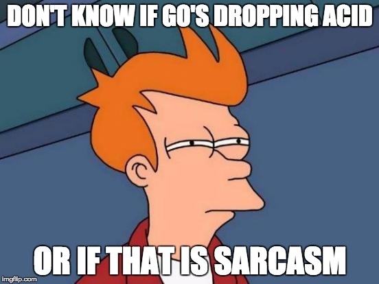 Futurama Fry | DON'T KNOW IF GO'S DROPPING ACID OR IF THAT IS SARCASM | image tagged in memes,futurama fry | made w/ Imgflip meme maker