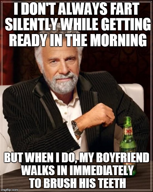 The Most Interesting Man In The World Meme | I DON'T ALWAYS FART SILENTLY WHILE GETTING READY IN THE MORNING BUT WHEN I DO, MY BOYFRIEND WALKS IN IMMEDIATELY TO BRUSH HIS TEETH | image tagged in memes,the most interesting man in the world,AdviceAnimals | made w/ Imgflip meme maker